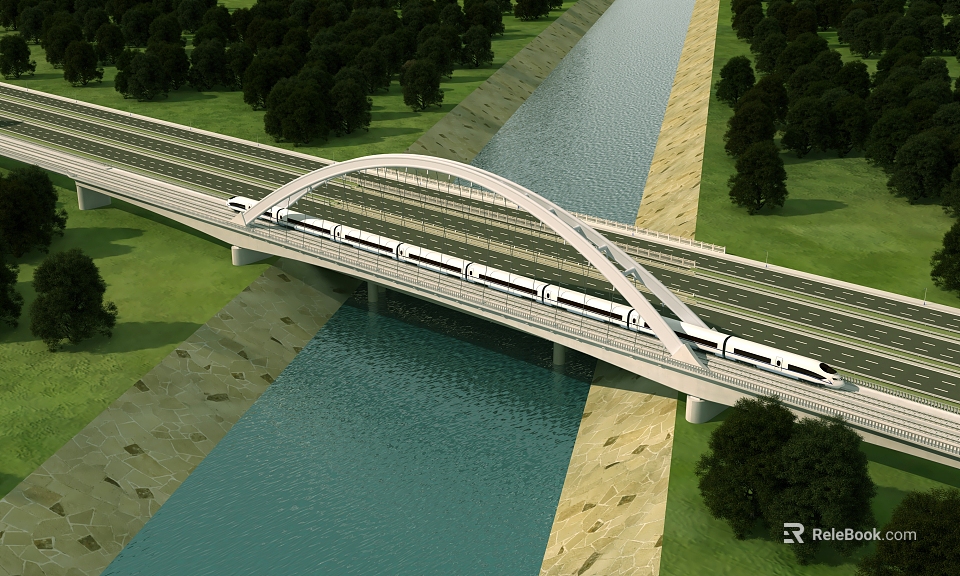 High Speed Train Arch Bridge Over River With Trees And Green Grass 3d model 