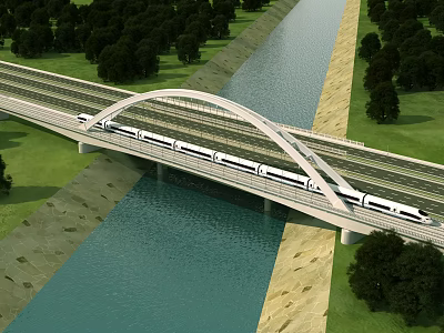 High Speed Train Arch Bridge Over River With Trees And Green Grass 3d model
