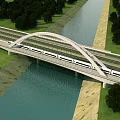 High Speed Train Arch Bridge Over River With Trees And Green Grass
