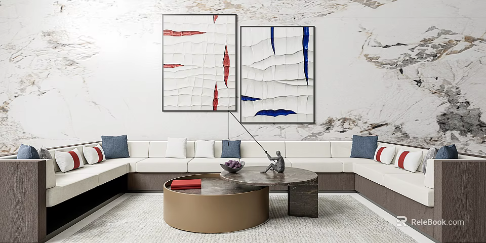 Modern Public Chair in Living Room with Abstract Paintings and Marble Background Wall 3d model 