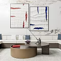 Modern Public Chair in Living Room with Abstract Paintings and Marble Background Wall