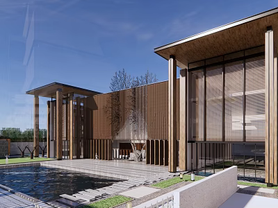 Modern Sales Office Building Featuring Wooden Structure Glass Curtain Walls Water Pool And Steps 3d model