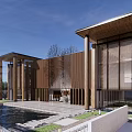 Modern Sales Office Building Featuring Wooden Structure Glass Curtain Walls Water Pool And Steps