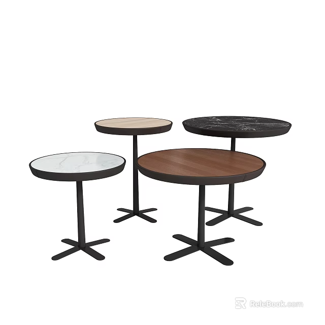 Modern Round Side Tables with Marble Wooden and White Tabletops and Black Metal Bases 3d model 