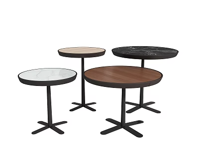 Modern Round Side Tables with Marble Wooden and White Tabletops and Black Metal Bases 3d model