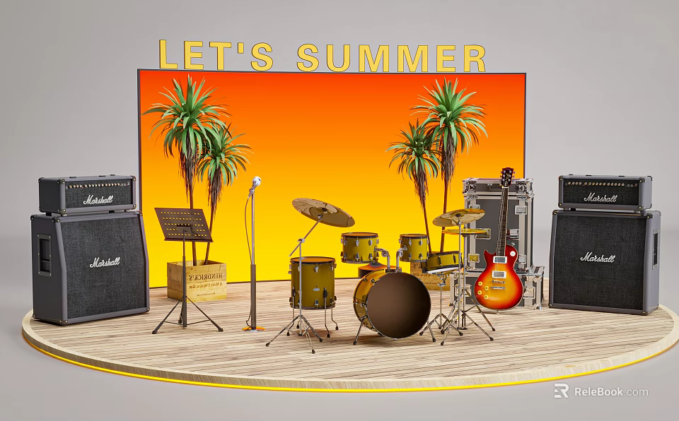 Summer Music Stage Setup With Let's Summer Sign Palm Trees Drums Electric Guitar And Amplifiers 3d model 