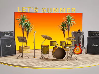 Summer Music Stage Setup With Let's Summer Sign Palm Trees Drums Electric Guitar And Amplifiers 3d model