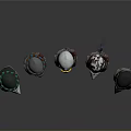 Five Medieval Warrior Helmets With Different Designs Shiny Metal Finish Displayed In Row 3d model