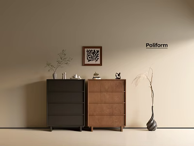 Dark Gray And Wooden Entryway Side Cabinets With Decorative Plant And Wall Art 3d model