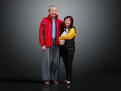 Two People Standing Together With A Small Dog 3d model