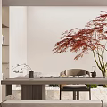 Modern Tea Room Interior Design With Long Table Red Maple Tree Bench And Fireplace 3d model