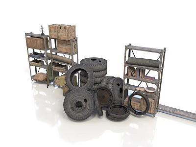 Industrial Storage Scene With Stacked Tires Wooden Boxes And Metal Shelves 3d model
