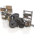 Industrial Storage Scene With Stacked Tires Wooden Boxes And Metal Shelves