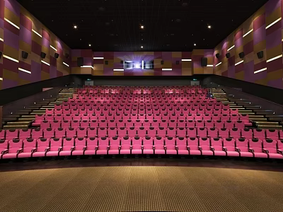 Elegant Cinema Interior With Pink Tiered Seats And Colorful Wall Panels 3d model