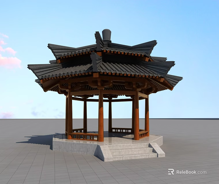 Traditional Chinese Style Pavilion With Multi Tiered Roof And Stone Pillar Base Under Blue Sky 3d model 