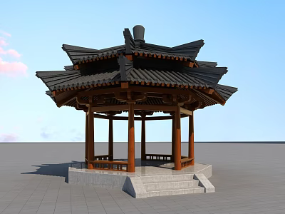 Traditional Chinese Style Pavilion With Multi Tiered Roof And Stone Pillar Base Under Blue Sky 3d model