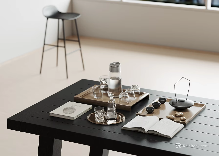 Modern Ceramic Wares Arranged on Black Table with Tray Glass Cups and Open Book 3d model 