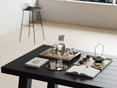 Modern Ceramic Wares Arranged on Black Table with Tray Glass Cups and Open Book 3d model