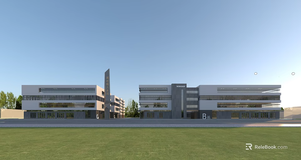 Modern Industrial Factory With Two Buildings Green Lawn And Blue Sky 3d model 
