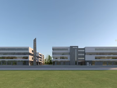 Modern Industrial Factory With Two Buildings Green Lawn And Blue Sky 3d model