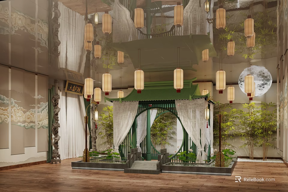 Traditional Chinese Interior With Hanging Lanterns Round Arch Pavilion Green Plants And Wooden Floor 3d model 