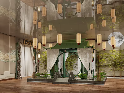 Traditional Chinese Interior With Hanging Lanterns Round Arch Pavilion Green Plants And Wooden Floor 3d model