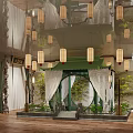 Traditional Chinese Interior With Hanging Lanterns Round Arch Pavilion Green Plants And Wooden Floor