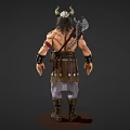 Viking Man With Horned Helmet Holding Axe Shirtless With Tattoos Wearing Leather Skirt And Boots