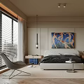 Modern Bedroom Interior With Gray Bed Painting Area Rug Pendant Light And Beige Cabinets