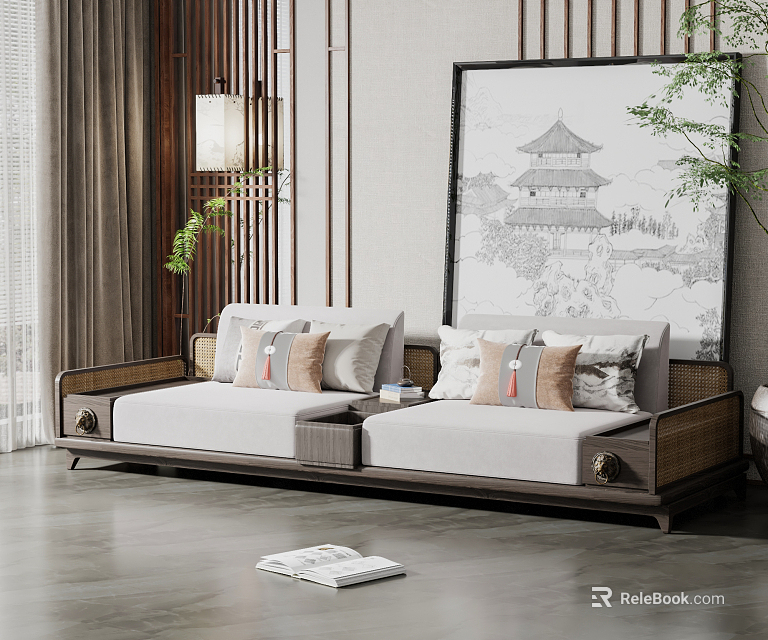 Double Sofa in Modern Chinese Style with Decorative Pillows Chinese Painting and Green Plants 3d model 