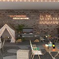 Outdoor Camping Space Featuring Tent Brick Wall String Lights Tables Chairs Green Plants Drink Shelf