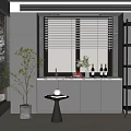 Modern Kitchen Interior With Window Blinds Counter Cabinets Plants And Shelves 3d model