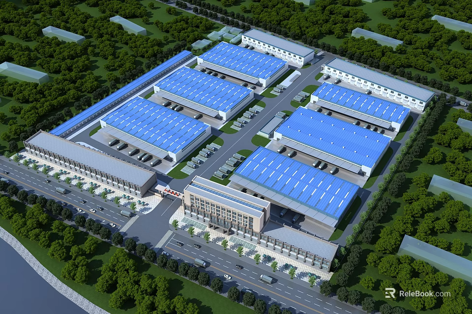 Aerial Planning of Industrial Complex with Blue Roofs Greenery and Road Layout 3d model 