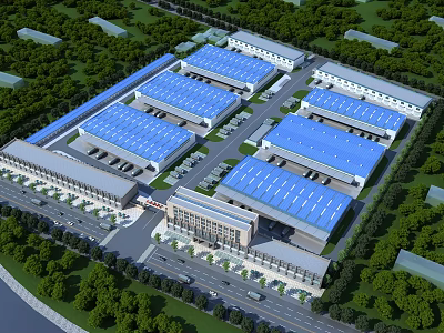 Aerial Planning of Industrial Complex with Blue Roofs Greenery and Road Layout 3d model