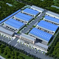 Aerial Planning of Industrial Complex with Blue Roofs Greenery and Road Layout