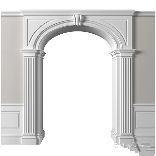 White Arched Doorway With Decorative Columns Light Colored Walls And Moldings 3d model 