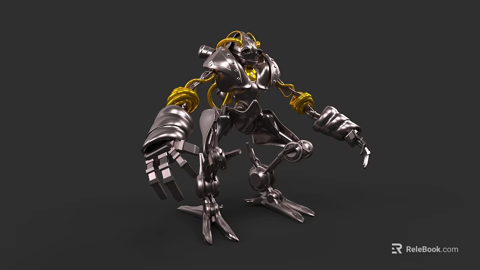 Silver Metallic Mechanical Game Movie Character With Yellow Accents And Intricate Structure 3d model 