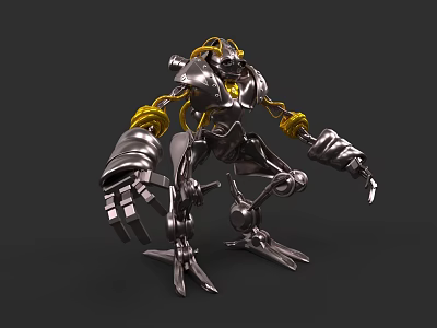 Silver Metallic Mechanical Game Movie Character With Yellow Accents And Intricate Structure 3d model