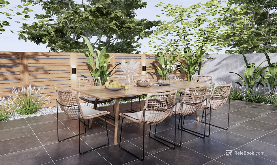 Outdoor Wooden Table With Rattan Chairs Set And Green Plants On Tiled Floor 3d model 