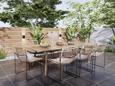 Outdoor Wooden Table With Rattan Chairs Set And Green Plants On Tiled Floor 3d model