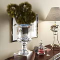 Dark Wood Entryway Console Table With Drawers Silver Vase Lamp Framed Picture Green Plant By Sofa