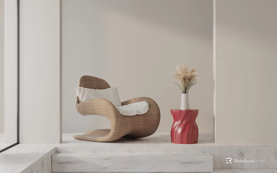 Rattan Leisure Chair With White Cushion And Red Vase Dried Flowers On Marble Platform 3d model 