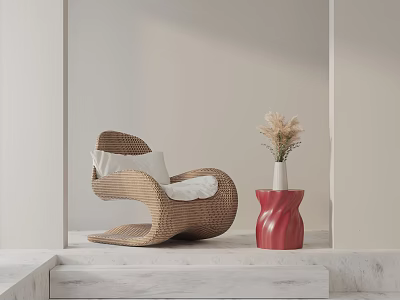 Rattan Leisure Chair With White Cushion And Red Vase Dried Flowers On Marble Platform 3d model