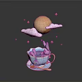 Whimsical Scene With Blue Cup Purple Rabbit Saucer Spoon Cloud Moon And Stars