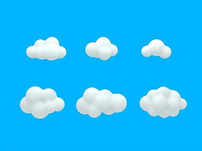 Six Soft White Fluffy Clouds Floating on Clear Blue Background 3d model