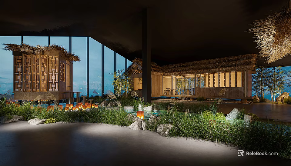 Scenic Mountain View Restaurant With Large Glass Windows Wooden Structure And Ambient Greenery Lighting 3d model 