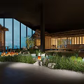 Scenic Mountain View Restaurant With Large Glass Windows Wooden Structure And Ambient Greenery Lighting