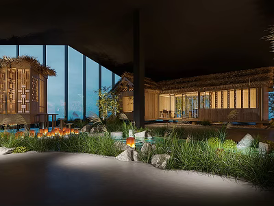 Scenic Mountain View Restaurant With Large Glass Windows Wooden Structure And Ambient Greenery Lighting 3d model