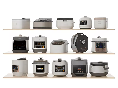 Various Styles of Modern Kitchen Appliances Displayed on Wooden Shelves 3d model