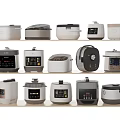 Various Styles of Modern Kitchen Appliances Displayed on Wooden Shelves